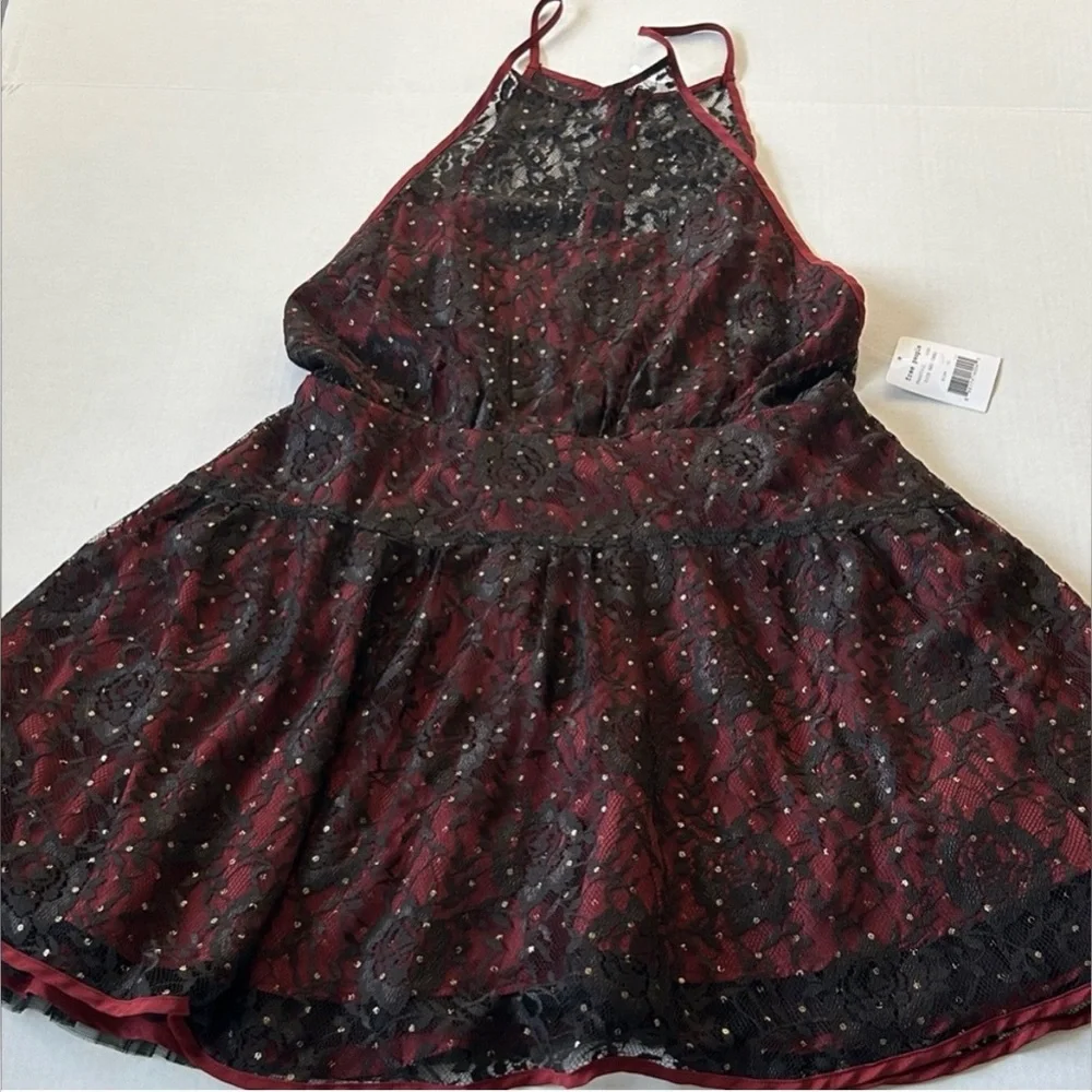 Free People Wish Upon A Star Lace Mini Dress NWOT Red Black Size 8 - Picture 4 of 6